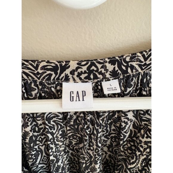 GAP Black & White Boho Floral Metallic Print Puff Sleeve Blouse Size Large - Picture 5 of 12